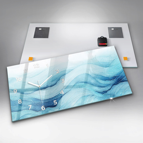 Horizontální skleněné hodiny na stěnu Modré mraky
