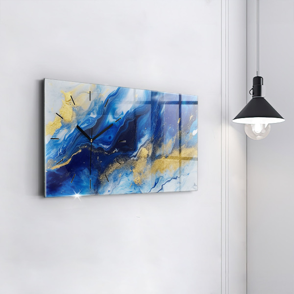 Horizontální skleněné hodiny na stěnu Modrý mramor