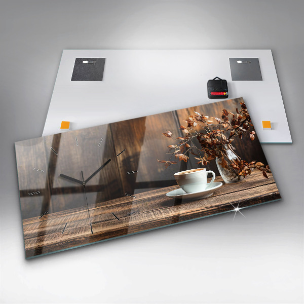 Horizontální skleněné hodiny na stěnu Šálek kávy