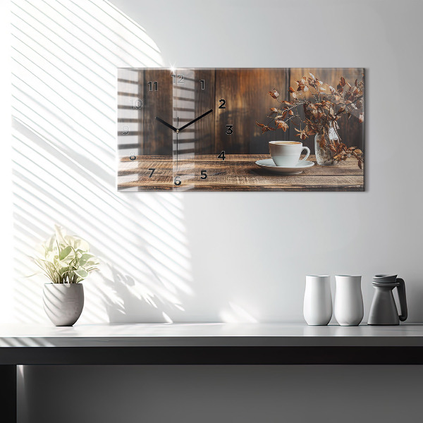 Horizontální skleněné hodiny na stěnu Šálek kávy