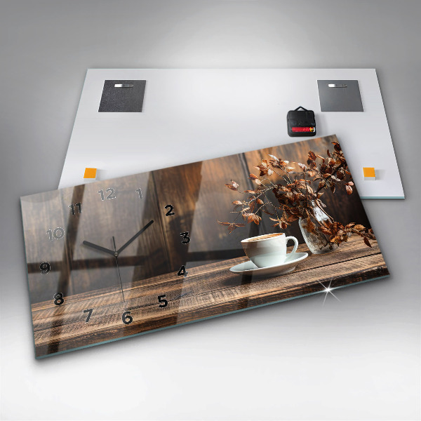 Horizontální skleněné hodiny na stěnu Šálek kávy