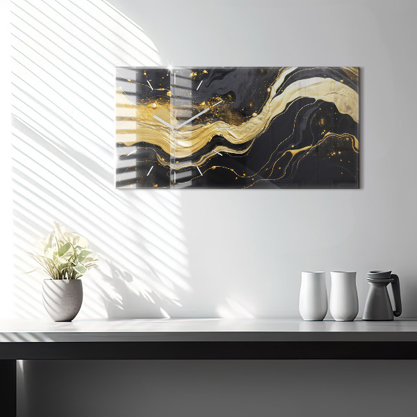 Horizontální skleněné hodiny na stěnu Zlatý mramor