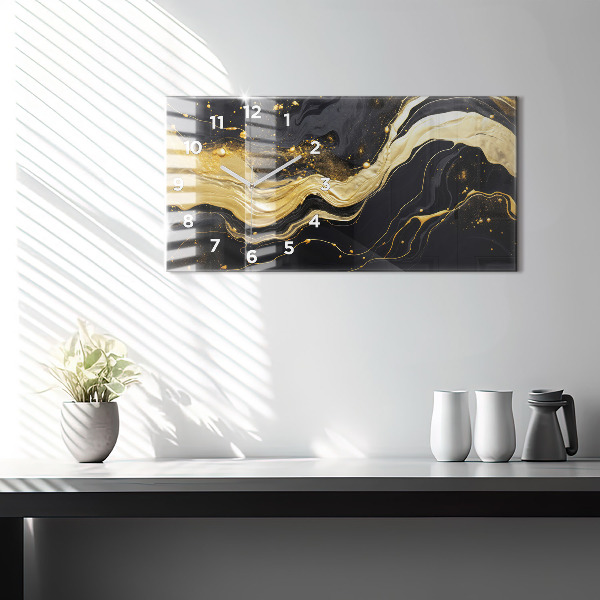 Horizontální skleněné hodiny na stěnu Zlatý mramor