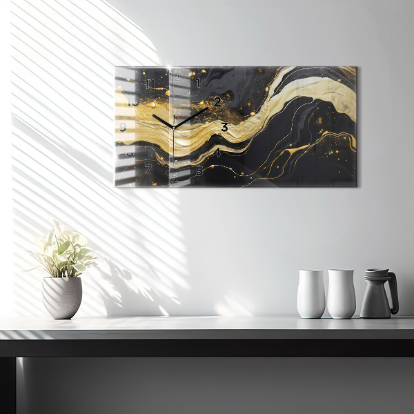 Horizontální skleněné hodiny na stěnu Zlatý mramor