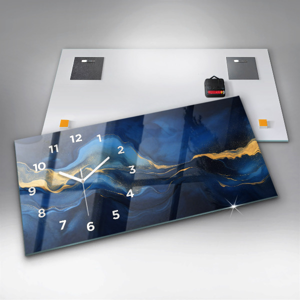Horizontální skleněné hodiny na stěnu Modrý mramor