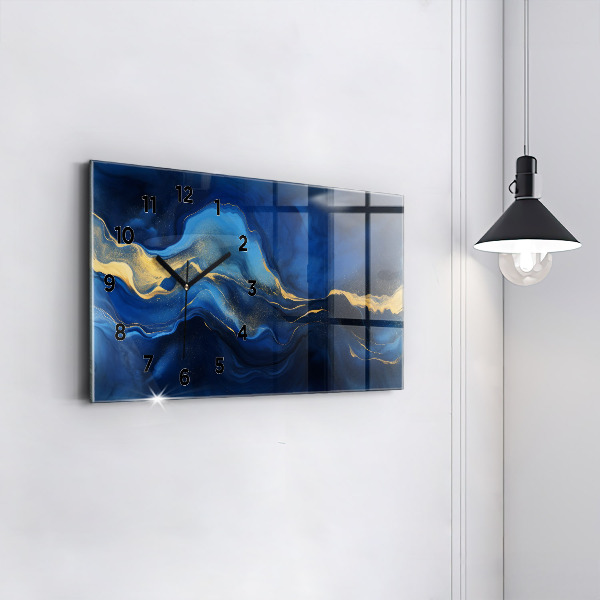 Horizontální skleněné hodiny na stěnu Modrý mramor