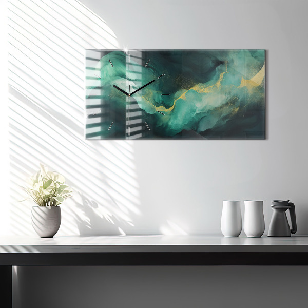 Horizontální skleněné hodiny na stěnu Zelený mramor