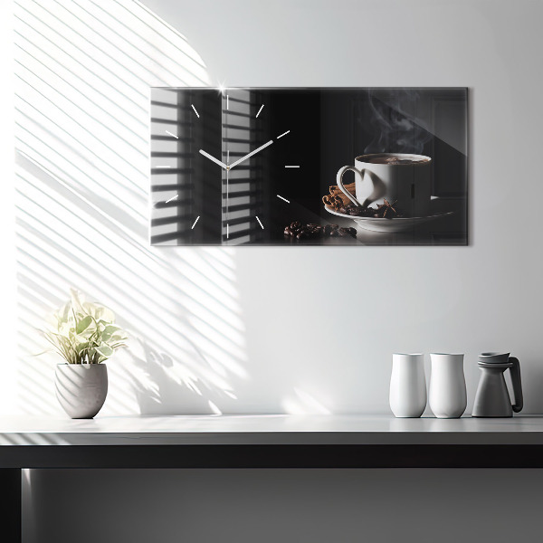Horizontální skleněné hodiny na stěnu Šálek kávy