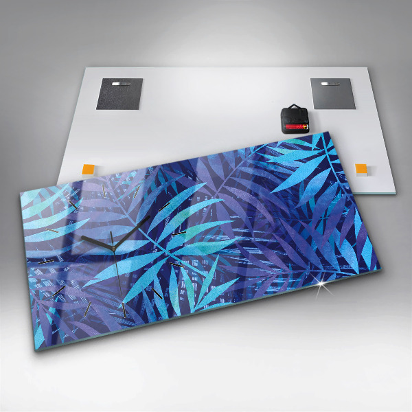 Horizontální skleněné hodiny na stěnu Modré listy