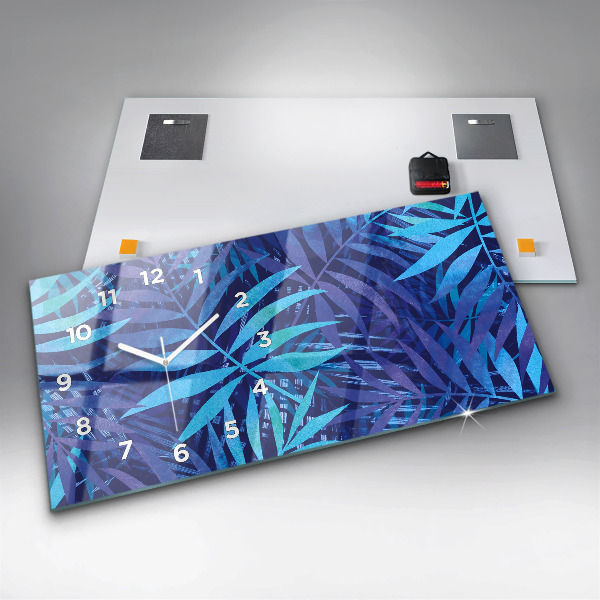 Horizontální skleněné hodiny na stěnu Modré listy
