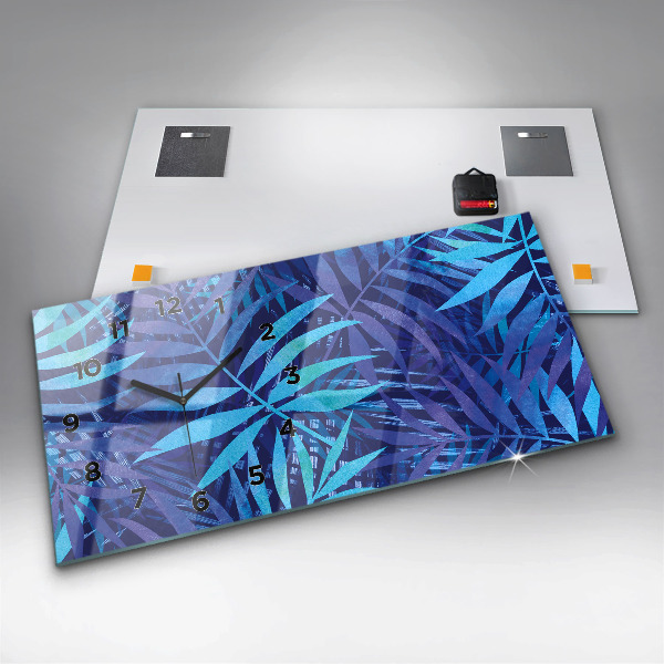 Horizontální skleněné hodiny na stěnu Modré listy