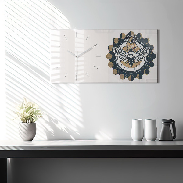 Horizontální skleněné hodiny na stěnu Fáze měsíce a oko