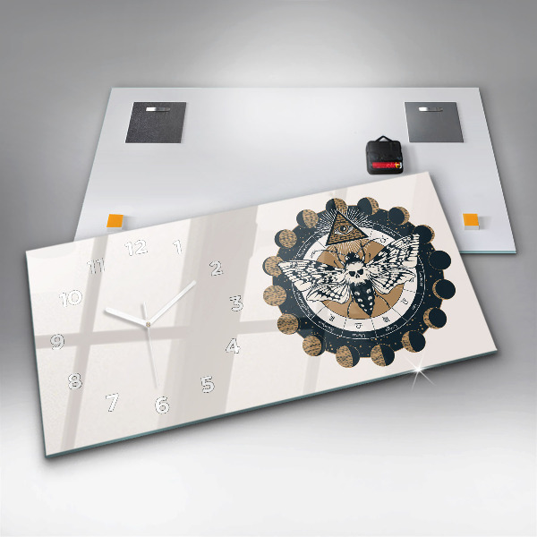 Horizontální skleněné hodiny na stěnu Fáze měsíce a oko