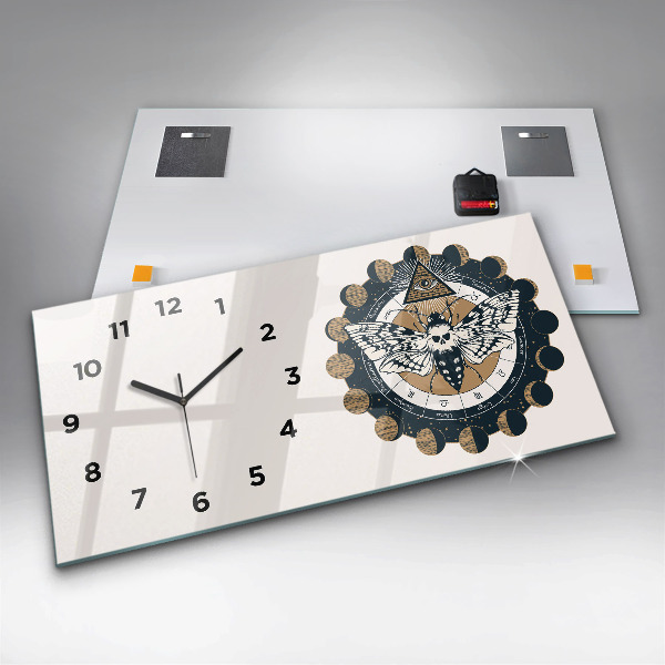 Horizontální skleněné hodiny na stěnu Fáze měsíce a oko