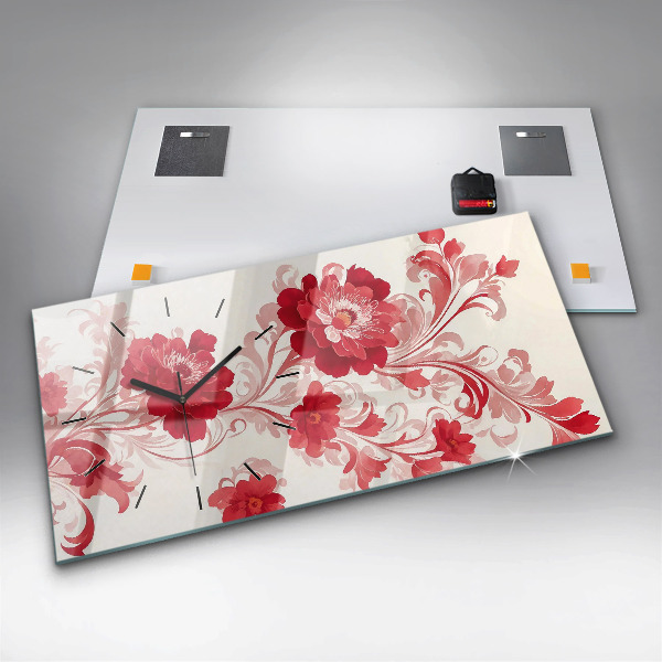 Horizontální skleněné hodiny na stěnu Červené květy