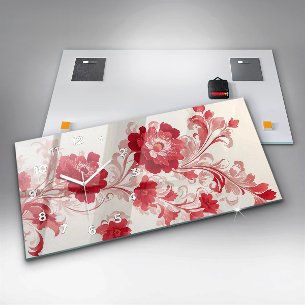Horizontální skleněné hodiny na stěnu Červené květy
