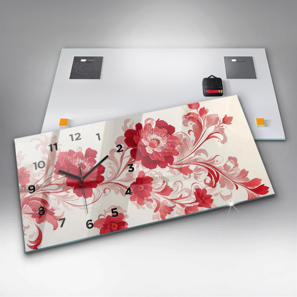 Horizontální skleněné hodiny na stěnu Červené květy