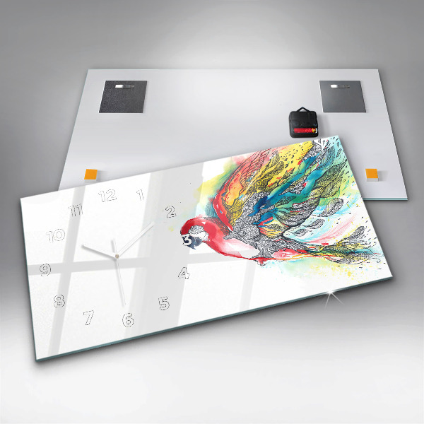 Horizontální hodiny na skle Barevný papoušek v letu