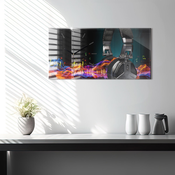 Horizontální hodiny na skle Sluchátka a zvukové vlny