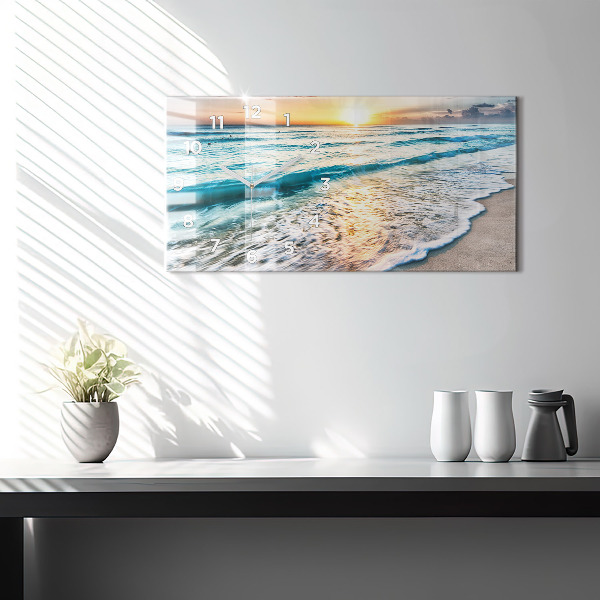 Horizontální hodiny na skle Pláž, moře a písek