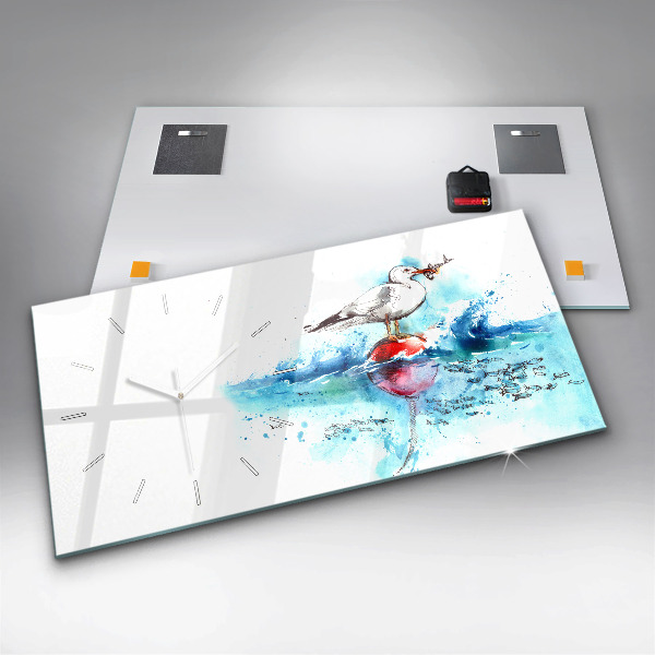 Horizontální hodiny na skle Malovaný racek