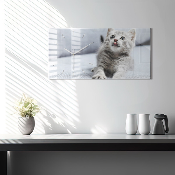 Horizontální hodiny na skle Kočka na pohovce