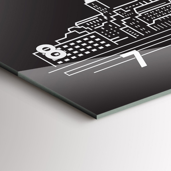 Horizontální hodiny na skle Kresba města Ostravy