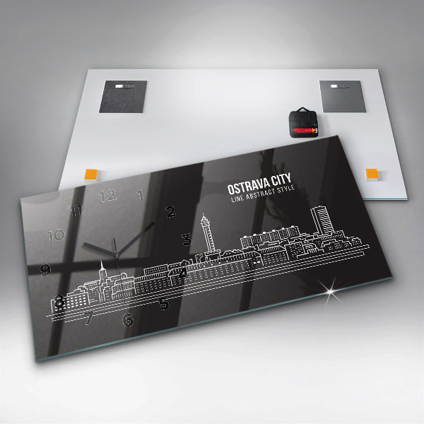 Horizontální hodiny na skle Kresba města Ostravy