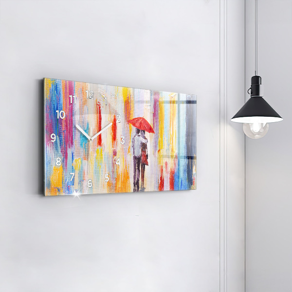 Horizontální skleněné hodiny na stěnu Pár v dešti