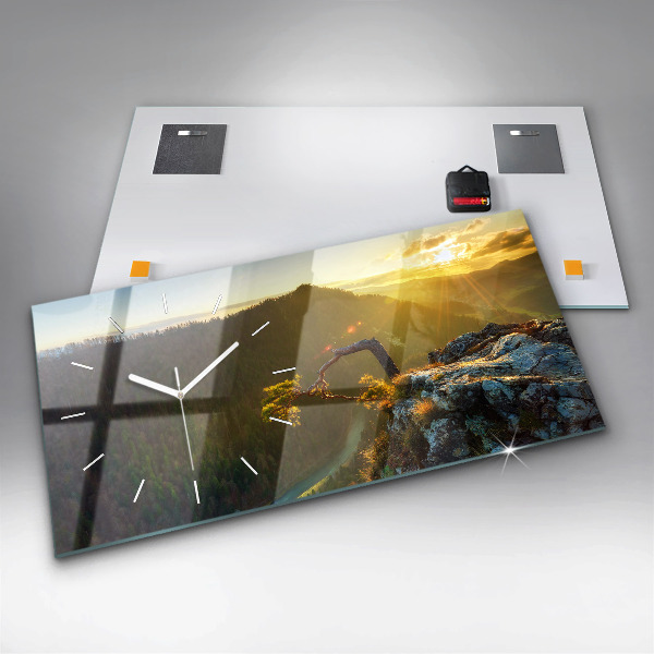 Horizontální skleněné hodiny na stěnu Západ slunce nad horami