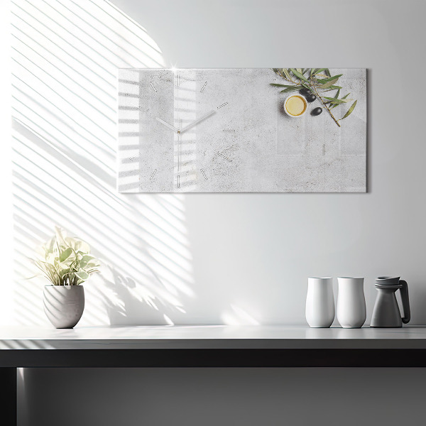 Horizontální skleněné hodiny na stěnu Minimalistické olivy