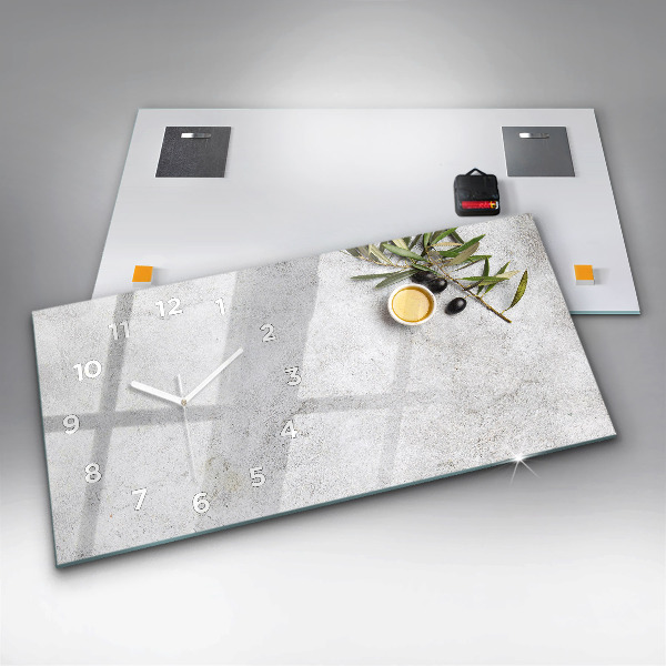 Horizontální skleněné hodiny na stěnu Minimalistické olivy