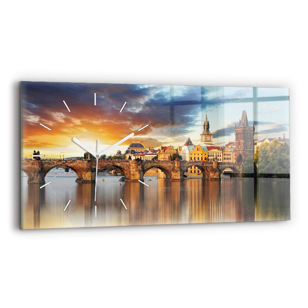 Horizontální skleněné hodiny na stěnu Panorama nad řekou