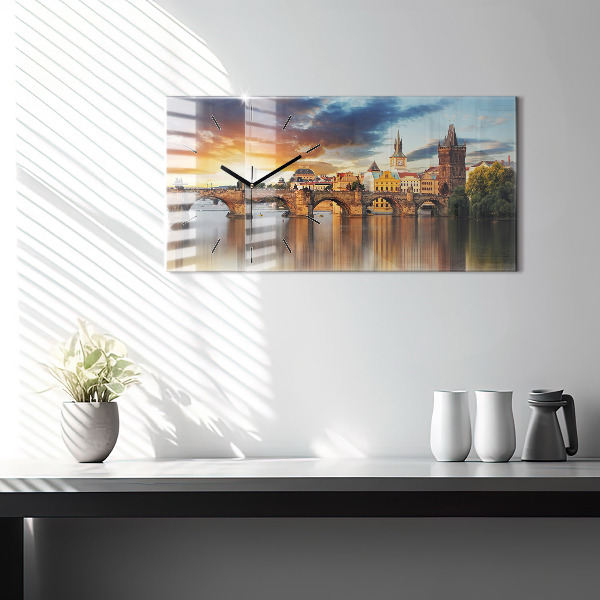 Horizontální skleněné hodiny na stěnu Panorama nad řekou