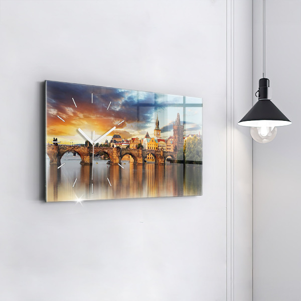 Horizontální skleněné hodiny na stěnu Panorama nad řekou