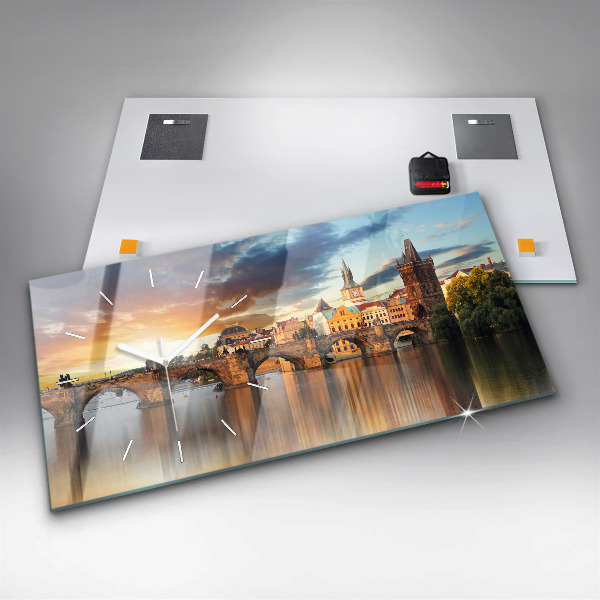 Horizontální skleněné hodiny na stěnu Panorama nad řekou