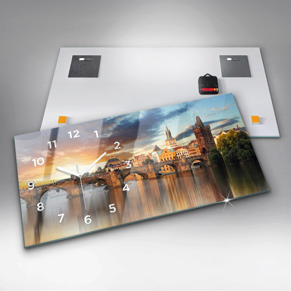 Horizontální skleněné hodiny na stěnu Panorama nad řekou