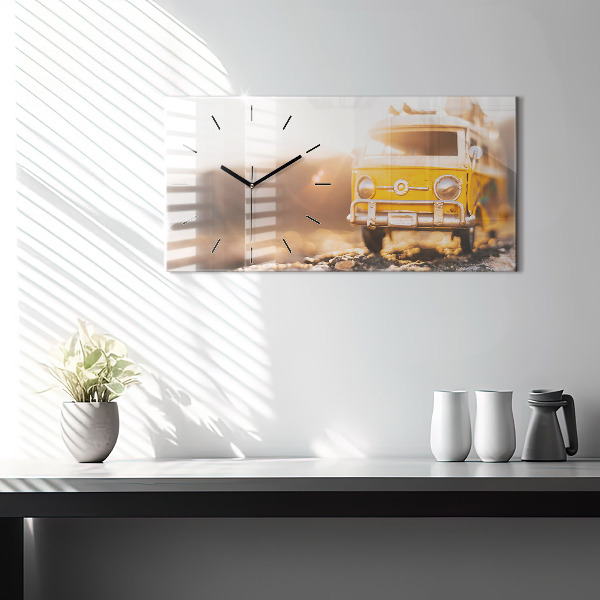 Horizontální skleněné hodiny na stěnu Auto na dovolené