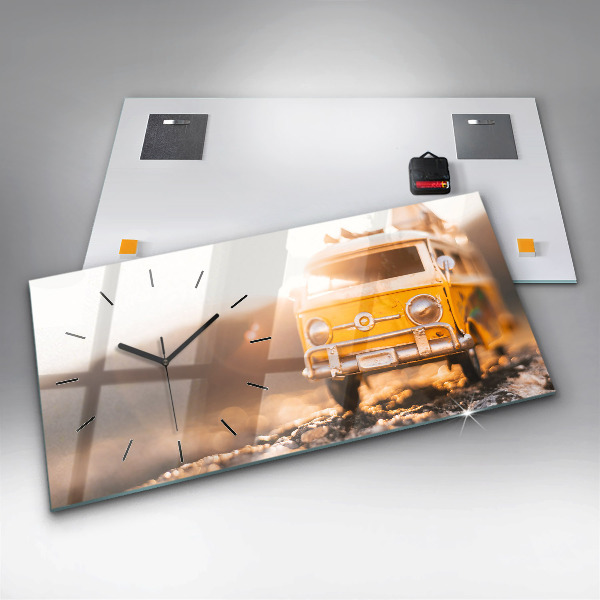 Horizontální skleněné hodiny na stěnu Auto na dovolené