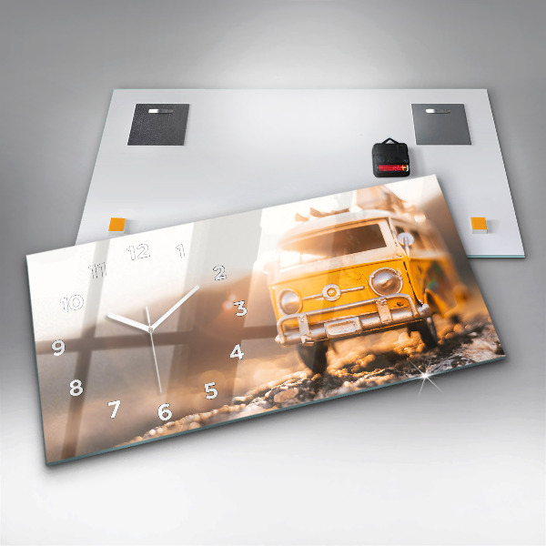 Horizontální skleněné hodiny na stěnu Auto na dovolené