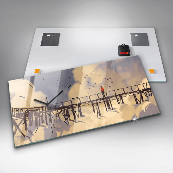 Horizontální skleněné hodiny na stěnu Muž na starém mostě