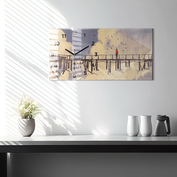 Horizontální skleněné hodiny na stěnu Muž na starém mostě