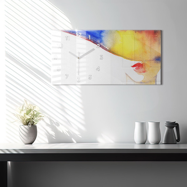 Horizontální skleněné hodiny na stěnu Žena s kloboukem