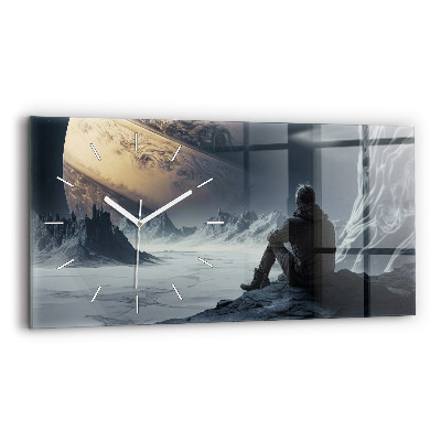 Horizontální skleněné hodiny na stěnu Muž Planeta vesmíru
