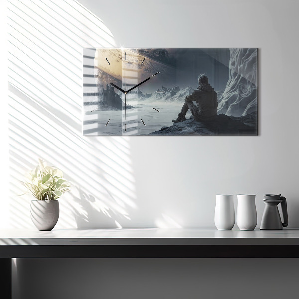 Horizontální skleněné hodiny na stěnu Muž Planeta vesmíru