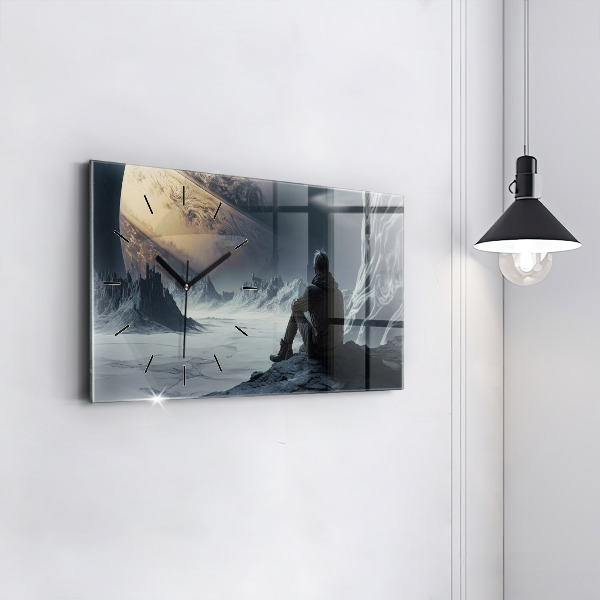 Horizontální skleněné hodiny na stěnu Muž Planeta vesmíru