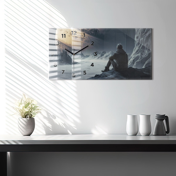 Horizontální skleněné hodiny na stěnu Muž Planeta vesmíru