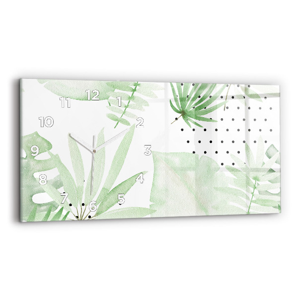 Horizontální skleněné hodiny na stěnu Zelené listy