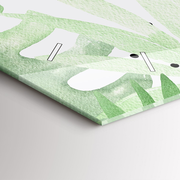 Horizontální skleněné hodiny na stěnu Zelené listy