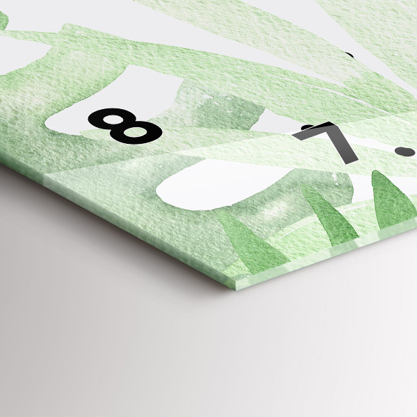 Horizontální skleněné hodiny na stěnu Zelené listy